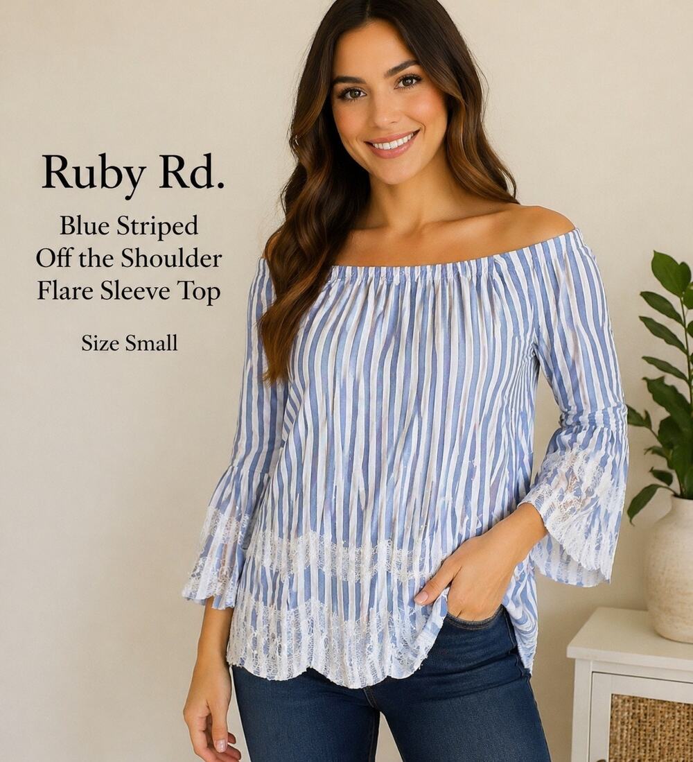 Ruby Rd. Blue Striped Off the Shoulder Flare sleeve shirt womens size small